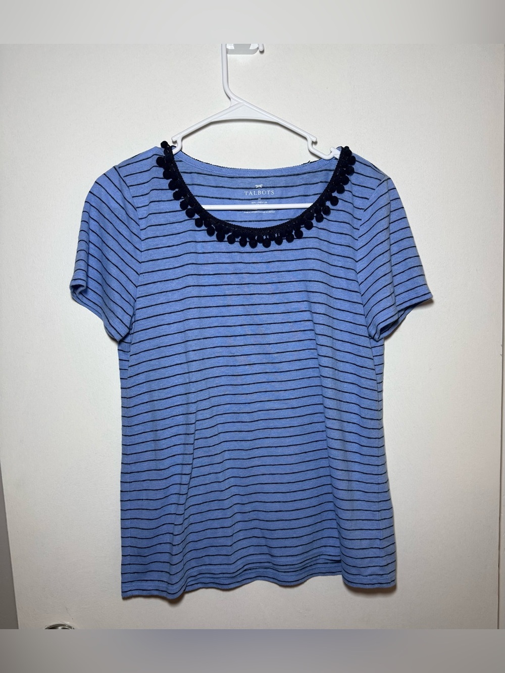 Talbots Blue Black Striped Scoop Neck Pom-Pom Trim Short Sleeve Blouse Size M